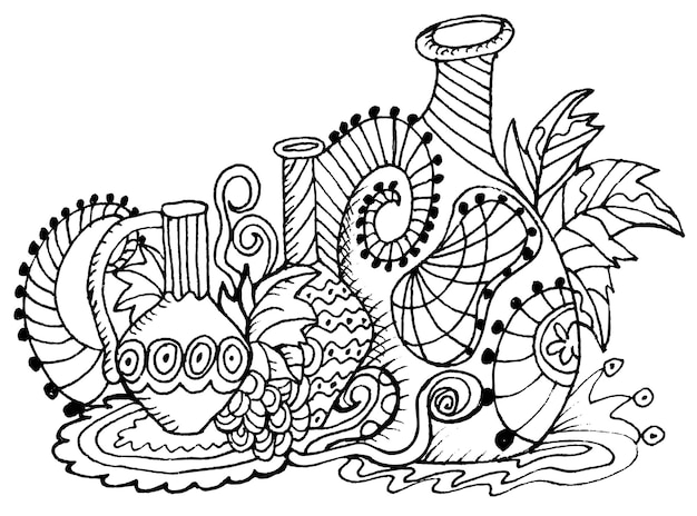 Free vector coloring book page with jugs, grapes.