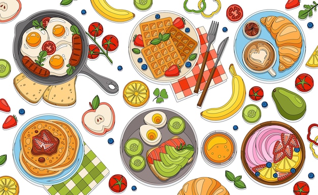 Раскрашивание композиции завтрака с набором изолированных фруктовых ломтиков, вафель и яичницы-болтуньи на пустой фоновой векторной иллюстрации