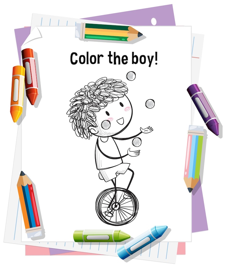 Free Vector coloring page boy juggling on unicycle