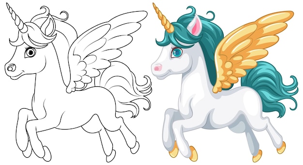 Free vector coloring page of cute unicorn with wings