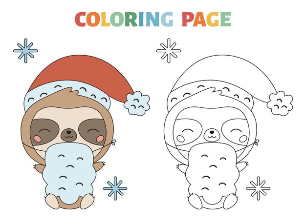 かわいいナマケモノ メリークリスマスカードコレクション 冬休みの面白いイラスト 怠惰なナマケモノのクマとレタリングの碑文を落書きします 明けましておめでとうとクリスマスの動物が設定されています プレミアムベクター