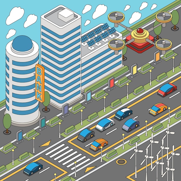 Coloring pages modern city composition with flying drone and skyscrapers with cars on road and pavement vector illustration