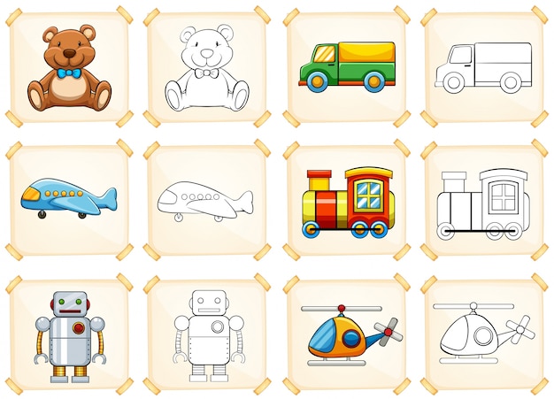 Free vector coloring template for different toys