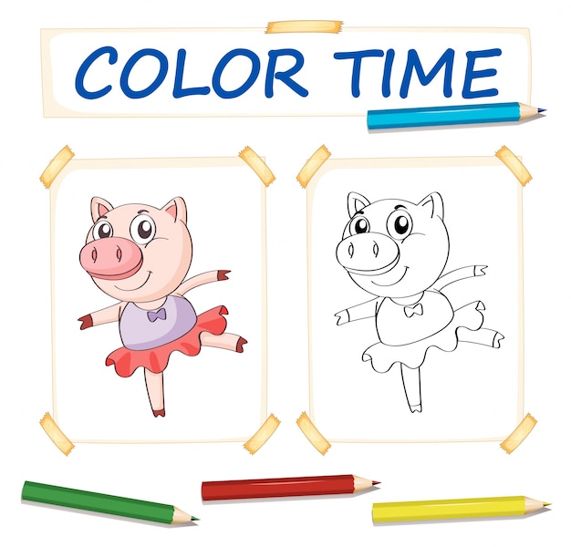 Free vector coloring template with pig in ballet dress