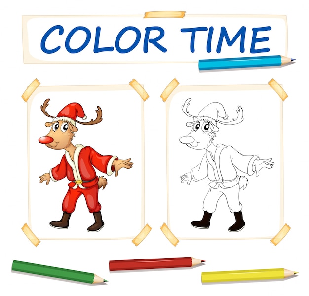 Free vector coloring template with reindeer in santa outfit