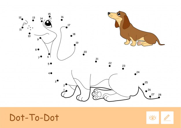 無色の輪郭のドットツードット画像と白い背景に分離された座っている犬のカラフルな例 本のイラストや発達活動を着色するペット関連の就学前の子供 プレミアムベクター
