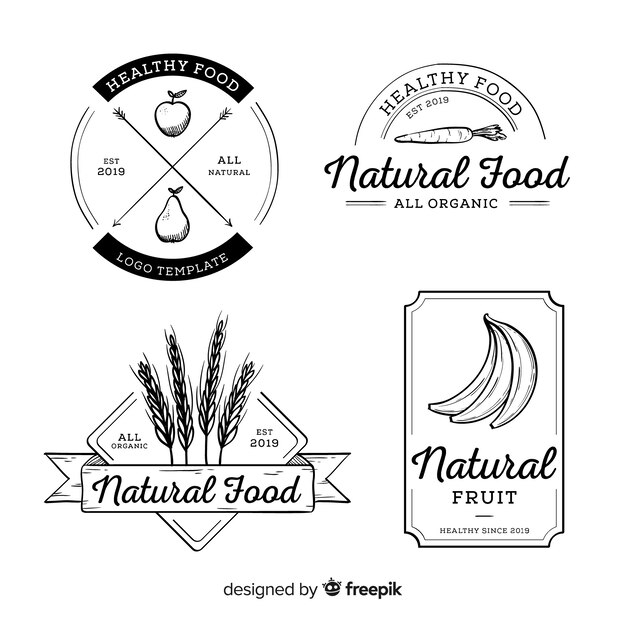 Бесцветная рисованной логотип здорового питания набор