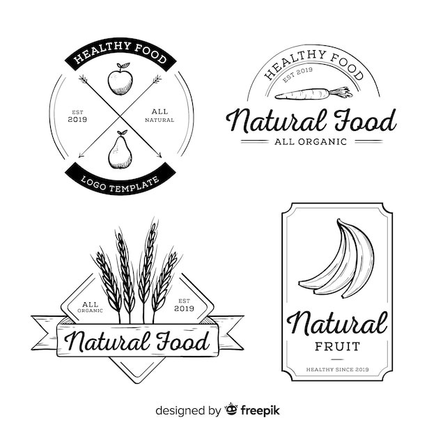 無色の手描き健康食品のロゴセット