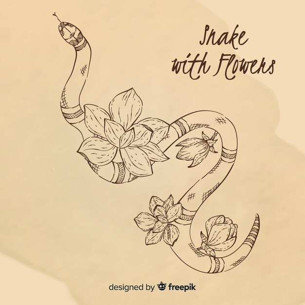 Colorless hand drawn snake with flowers background