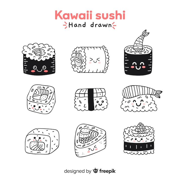 Free Vector colorless kawaii hand drawn sushi collection