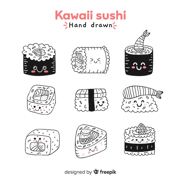 Colorless kawaii hand drawn sushi collection