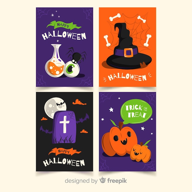 Vettore gratuito collezione di carte di halloween piatto colorato