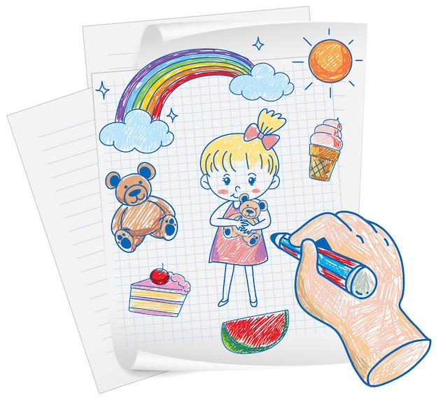 Free vector coloured hand drawn cute girl and objects