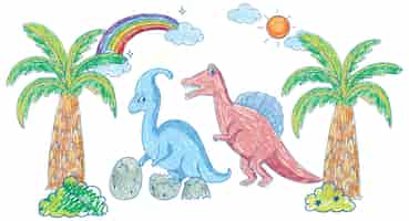 Free vector coloured hand drawn dinosaurs group