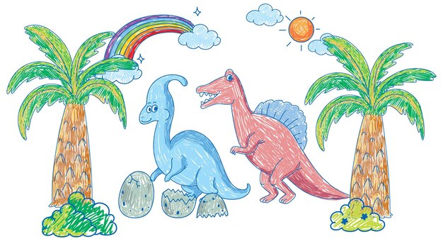 Coloured hand drawn dinosaurs group