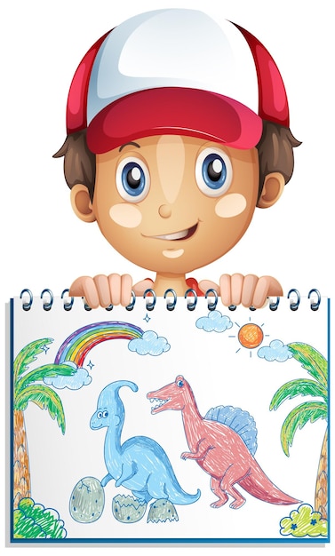 소년 만화 캐릭터와 함께 종이에 색된 손으로 그린 공룡