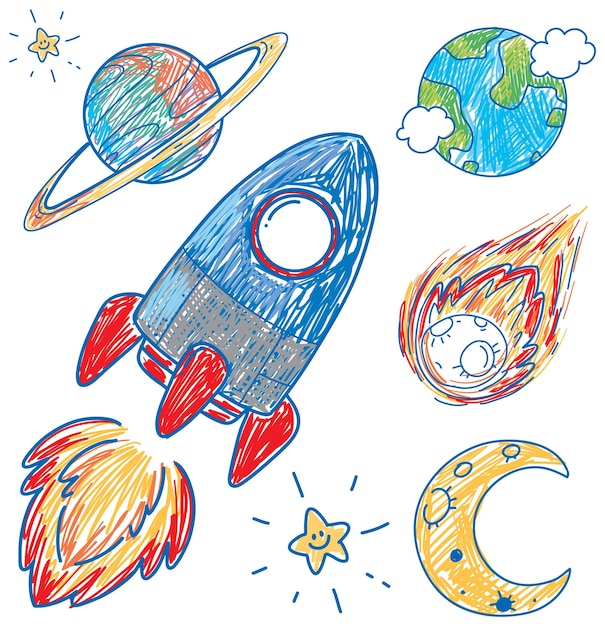 Free vector coloured hand drawn spaceship collection