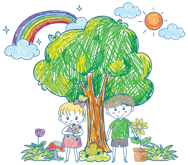 Vettore gratuito albero e bambini colorati disegnati a mano