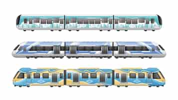 Free vector coloured passenger subway suburban train realistic mockup set isolated on white background vector illustration