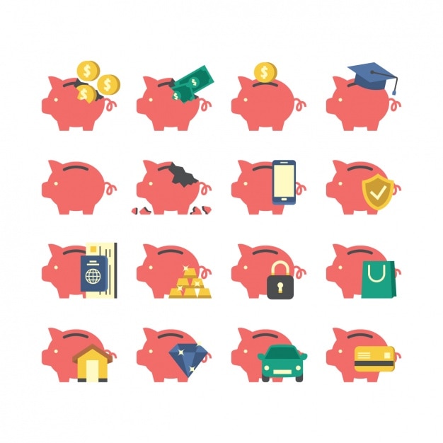 Coloured piggybank icons collection