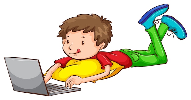 ノートパソコンを使用している男の子の色付きのスケッチ