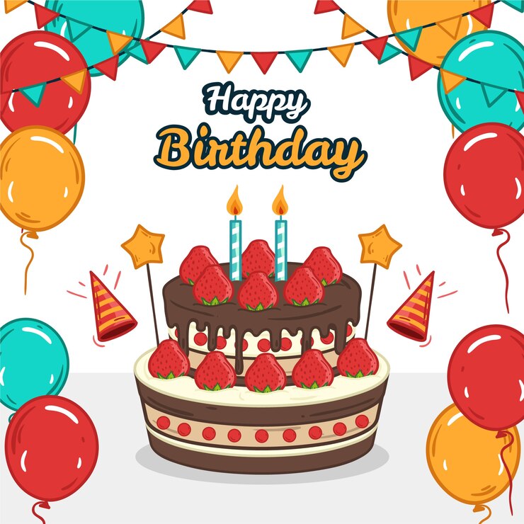 무료 Vector 생일 축하 케이크와 함께 다채로운 풍선과 화환