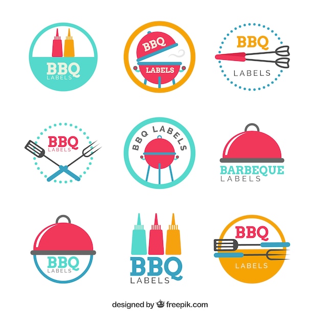 Free vector colourful bbq badges in flat design