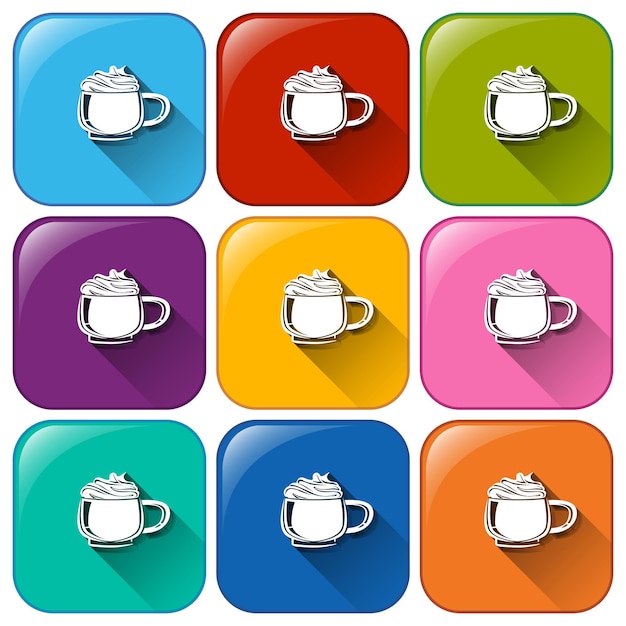 Free vector colourful buttons with mugs of frozen coffee