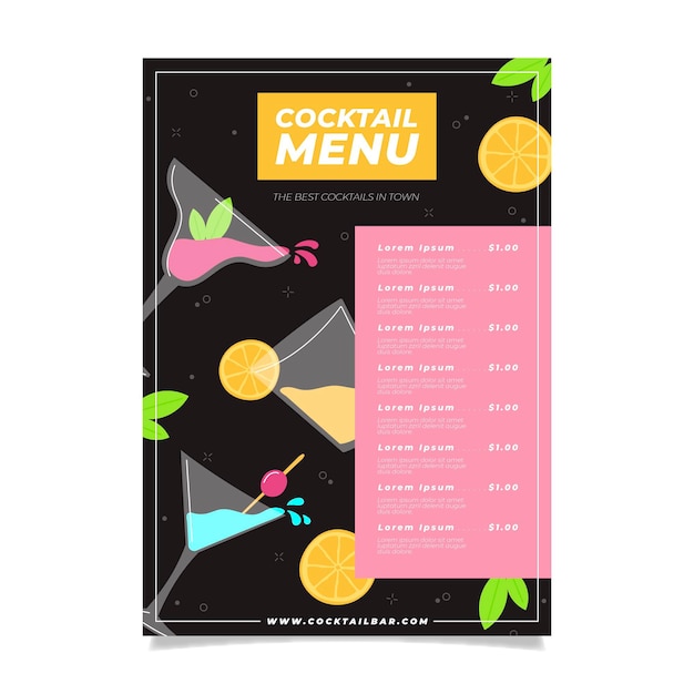 Colourful cocktail restaurant menu template