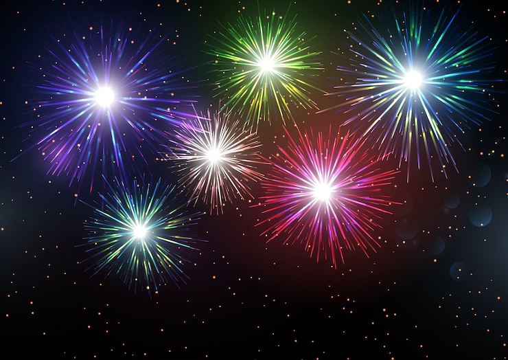 Fireworks exploding in a dazzling display against a black backdrop, adorned with cosmic stars fireworks.