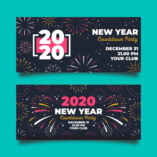 Colourful fireworks in the night new year 2020 banner