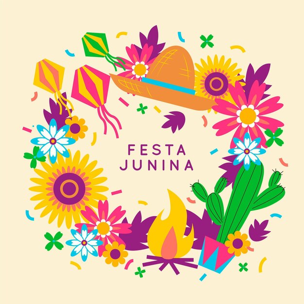 Красочные цветы и кактус плоский дизайн Festa Junina