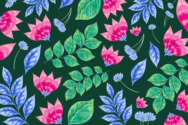 Colourful flowers and tropic leaves pattern