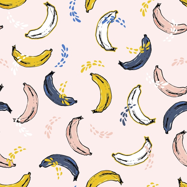 Colourful hand drawn banana summer vibes on pastel color seamless pattern