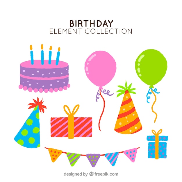 Vettore gratuito collezione disegnata a mano colorata di attributi di festa di compleanno