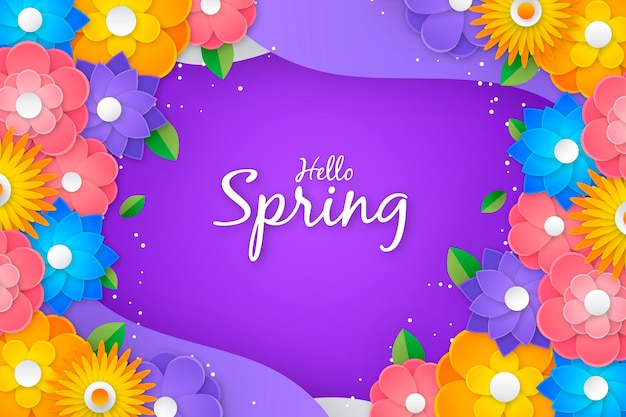 Colourful hello spring lettering in paper style background