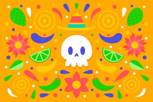 Colourful mexican background with front view skull