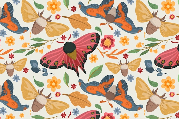 Colourful pattern with different flowers and insects