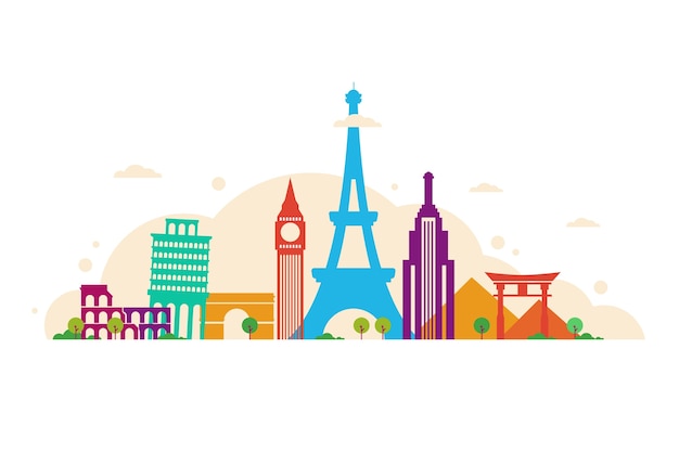 Colourful travelling landmarks skyline