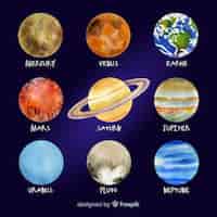 Бесплатное векторное изображение Коллекция красочных акварельных планет