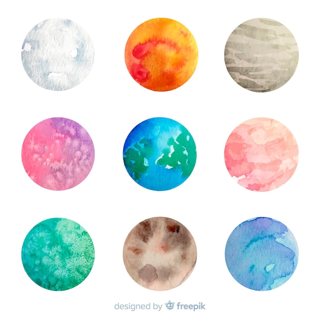 Colourful watercolor planets collection