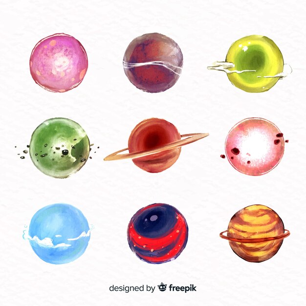 Colourful watercolor planets collection