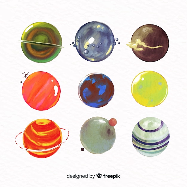 Colourful watercolor planets collection