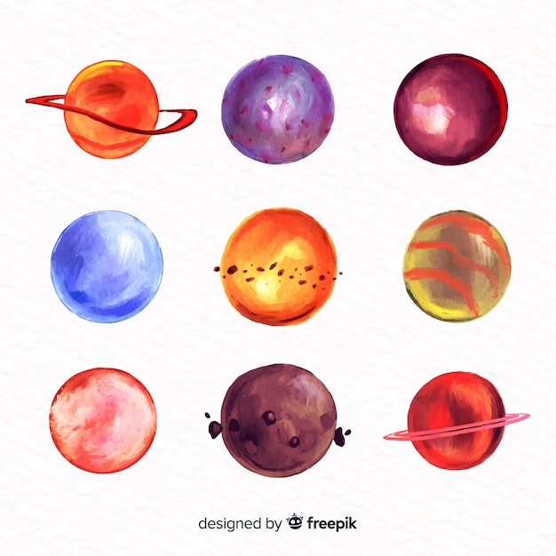 Colourful watercolor planets collection