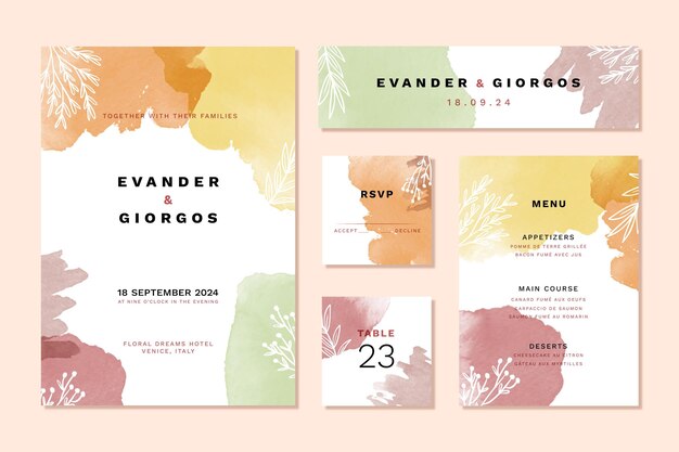 colourful watercolor wedding stationery items