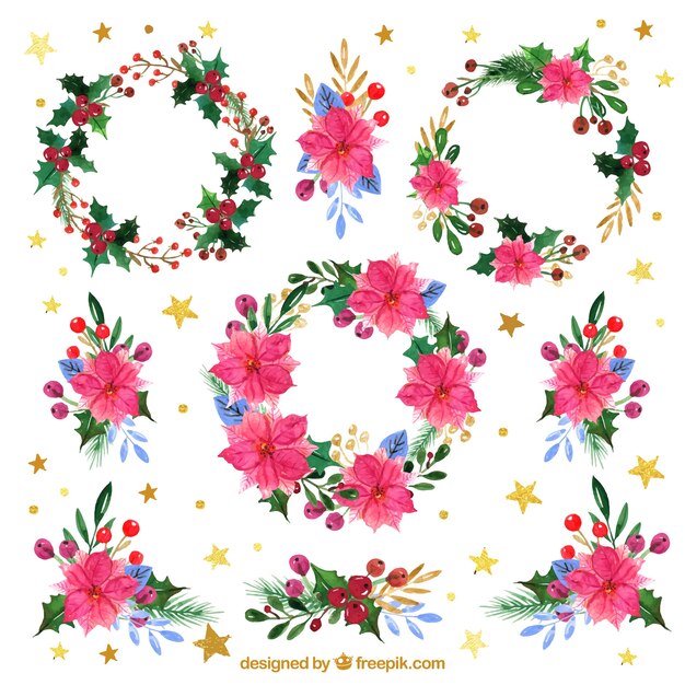 Colourful watercolour collection of christmas wreaths and flowers