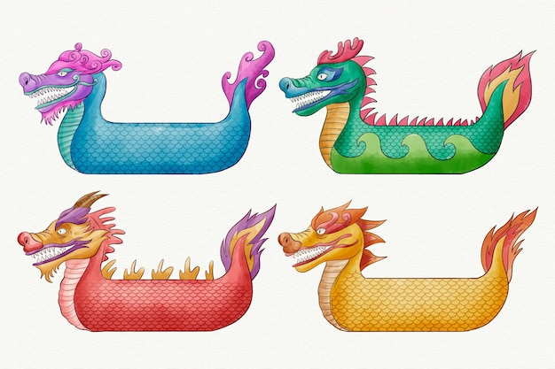 Free vector colourful watercolour dragon boat collection