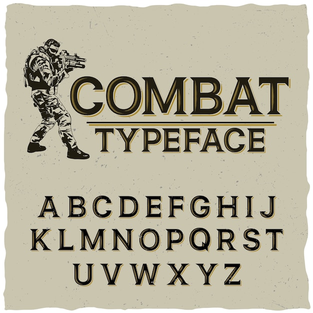 Free vector combat typeface poster with hand drawn soldier on grey