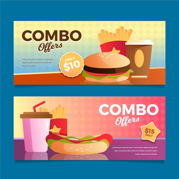 Vettore gratuito raccolta di banner fast food di pasti combinati