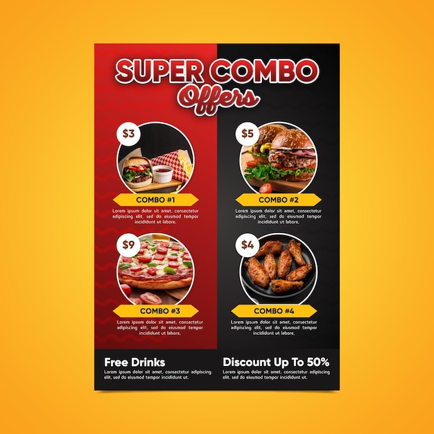 Modello di poster fast food di pasti combinati